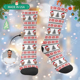 [Made In USA]Custom Face Sublimated Crew Socks Red Pattern Personalized Photo Socks Gift for Christmas
