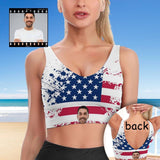 Custom Husband Face US Flag Sports Bra Personalized Women's All Over Print Yoga Sports Bra