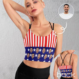 Custom Husband Face US Flag Tops Personalized Women's All Over Print Strappy Longline Yoga Sports Bra