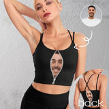 Custom Husband Face Zipper Black Background Tops Personalized Women's All Over Print Strappy Longline Yoga Sports Bra