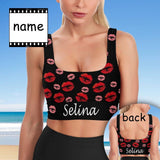 Custom Name Red Lips Black Background Sports Bra Personalized Women's All Over Print Yoga Sports Bra