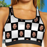 Custom Husband Face Checkerboard Sports Bra Personalized Women's All Over Print Yoga Sports Bra
