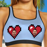 Custom Husband Face Red Heart Blue Background Sports Bra Personalized Women's All Over Print Yoga Sports Bra