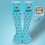 Fathers Day Socks With Custom Face I Love Dad Blue Background Personalized Sublimated Crew Socks Gift For Australian Father's Day