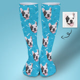Personalised Pet Socks Dog Face Bone Blue Background Custom Sock with Dog Picture Sublimated Crew Socks