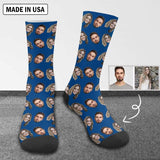 [Made In USA]Custom Face Blue Socks Personalized Photo Sublimated Crew Socks Unisex Gift for Men Women
