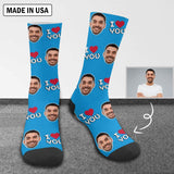 [Made In USA]Custom Face I Love You Blue Socks Personalized Photo Sublimated Crew Socks Unisex Gift for Men Women