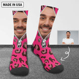 [Made In USA]Custom Face Zipper Pink Camo Sublimated Crew Socks Personalized Picture Socks Unisex Gift for Men Women
