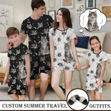 [Special Sale] Custom Cat Photo Fish Bones & Paw Prints Summer Travels Outfits - Short Sleeve Pajama Set & Slippers