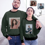 Custom Any Photo Couple Sweatshirt Personalized Dark Green Matching Loose Sweatshirt for Him and Her Unisex Couple Crewneck Long Sleeve T-shirt