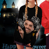Custom Face Cobweb Bat Women's Casual Crew Neck Sweatshirt Personalized Long Sleeve Loose Sweatshirt For Halloween