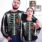Custom Face Couple Sweatshirt Personalized Halloween Bones Heart Matching Loose Sweatshirt for Him and Her Unisex Couple Crewneck Long Sleeve T-shirt