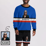 Custom Photo&Name Blue Funny Men's Crewneck Sweatshirt&2in1 Pockets Shorts Set