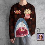 #Pocket Sweatshirt Custom Face Shark and Popcorn Loose Sweatshirt Personalized Face Loose Sweatshirt With Pocket