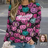 Custom Face&Name Pumpkin Women's Loose Sweatshirt Personalized Raglan Sleeve Crew Neck Sweatshirt