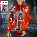Custom Face&Text Peace Pigeon Red Background Sweatshirt Personalized Women's Half Zip Top Sports Long Sleeve Sweatshirt