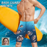 Custom Face Blue Blister Men's Knee Surf Shorts Rash Guard Swim Trunks Mens Personalized Swimsuit Bathing Suit With Girlfriend's Face