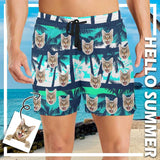 Custom Face Coconut Trees Men's Quick Dry Swim Shorts Men's Print Cat Face Personalized Swim Trunks