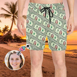 Custom Funny Swim Shorts with Girlfriend's Face Design Money Men's Quick Dry Swim Shorts Gift for Him