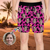 Customized Swim Trunks with Face Personalized Pink Leopard Men's Quick Dry Swim Shorts
