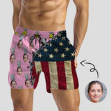 Personalized Face Swim Trunks Pineapple Flag Men's Quick Dry Swim Shorts Custom Photo Swim Trunks for Independence Day