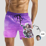 Personalized Swim Trunks Custom Face & Name Astronaut Hero Purple Sky Men's Quick Dry Swim Shorts Gift for Him