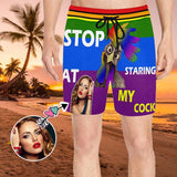 Personalized Swim Trunks Custom Face Stop Staring At My Cock Men's Quick Dry Swim Shorts for Him