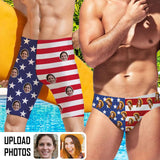 Custom Face American Flag Stars Men's Swim Shorts Personalized Triangle Swim Briefs Men's Knee Surf Shorts Funny Swim Trunks for Holiday
