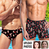 Custom Face Red Love Heart Men's Stretch Swim Boxer Briefs Triangle Swim Briefs Personalized Quick Dry Swimsuit Bathing Suit Print Square Leg Swim Briefs