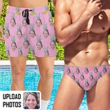Personalized Face Pink Pineapple Men's Swim Shorts Custom Triangle Swim Briefs Men's Quick Dry Swim Shorts with Girlfriend's Face