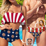 #Couple Matching Swimwear #American Flag Bathingsuit #Independence Day#Custom Face US Flag Bikini Personalized Triangle Swim Briefs Celebrate Holiday Party