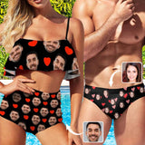#Couple Matching Swimwear Custom Face Red Heart Ruffle Bikini Swim Trunks Personalized Men's Triangle Swim Briefs Bathing Suit for Holiday