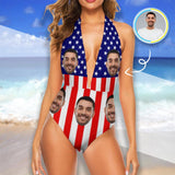 Custom American Flag Swimsuit Personalized Women's Backless V-Neck One Piece Bathing Suit Celebrate Holiday Party