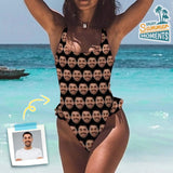 Custom Boyfriend Face Black Swimsuit Personalized Women's Ruffle One Piece Bathing Suit Honeymoons Party Swimsuits