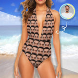 Custom Boyfriend Face Seamless Swimsuit Personalized Women's Backless V-Neck One Piece Bathing Suit Honeymoons For Her