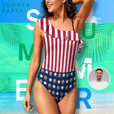 Custom Face USA Flag Swimsuit Personalized Women's Shoulder Ruffle One Piece Bathing Suit Celebrate Holiday Party