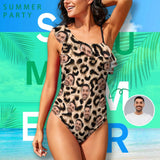 Custom Leopard Print Face Swimsuit Personalized Women's Shoulder Ruffle One Piece Bathing Suit Honeymoons Party For Her