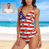 #July 4-4th of July Custom Face Stripe Flag Swimsuit Personalized Women's One Piece Swimsuit