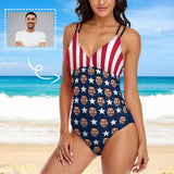 Custom Face USA Flag Swimsuit Personalized Women's One Piece Swimsuit