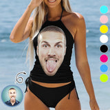 Custom Big Funny Face Womens Sexy Halter Tummy Control Swimsuit Tankini Top Sets Fashion Two Piece Bathing Suit with Tie Side