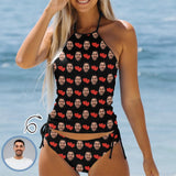 Custom Face Love Heart Womens Sexy Halter Tummy Control Swimsuit Tankini Top Sets Fashion Two Piece Bathing Suit with Tie Side