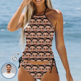 Custom Face Womens Sexy Halter Tummy Control Swimsuit Tankini Top Sets Fashion Two Piece Bathing Suit with Tie Side