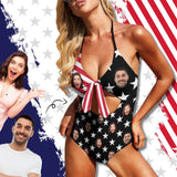 American Flag Monokini Custom Couple Face Flag Swimsuit Personalized Women's Backless Bow One Piece Bathing Suit
