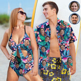 Couple Matching Hawaiian Shirts&Swimsuits with Faces Personalized Hawaiian Shirt Photo Tropical Aloha Shirt Birthday Vacation Party Gift