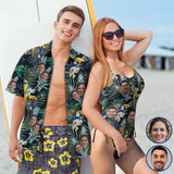 Couple Mathching Swimsuit&Hawaiian Shirt Custom Face Personalized Drawstring Side One-Piece Swimsuit&Hawaiian Shirt