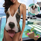 Custom Big Pet Dog Face Swimsuit Personalized Women's Lacing Backless One-Piece Bathing Suit Funny Gift Idea