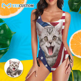 Custom Cat Photo Swimsuit Personalized Women's New Drawstring Side One Piece Bathing Suit Gift Party