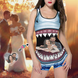 Custom Couple Face Shark Women's One Piece Boyleg Swimsuit