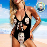 Custom Face Black Women's Backless Bow One Piece Swimsuit