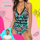 Custom Face Blue Style Swimsuit Personalized Women's New Strap One Piece Bathing Suit Birthday Gift For Her